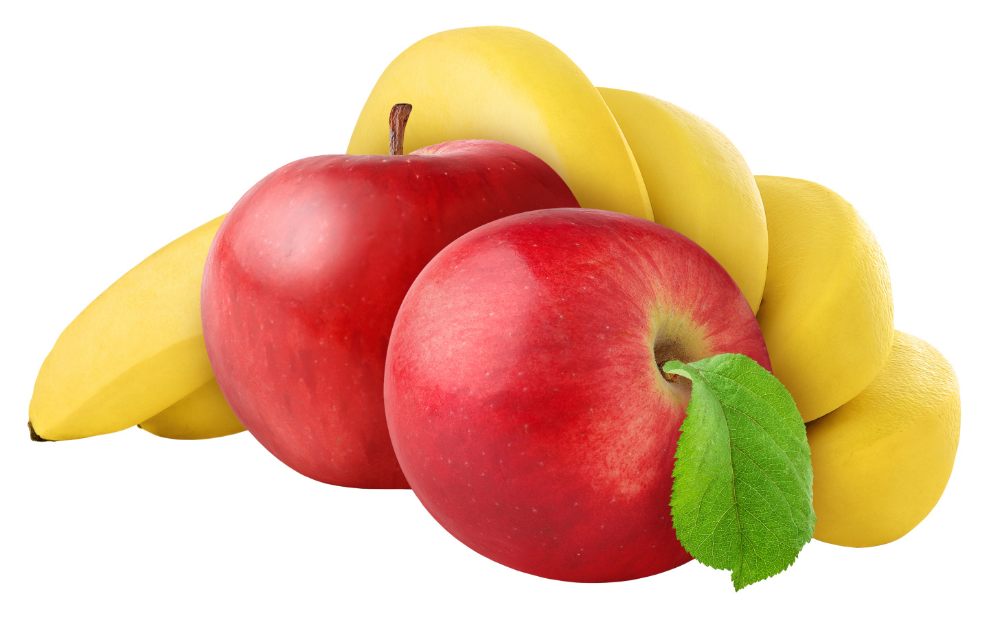 Два красных яблока с бананами на белом фоне