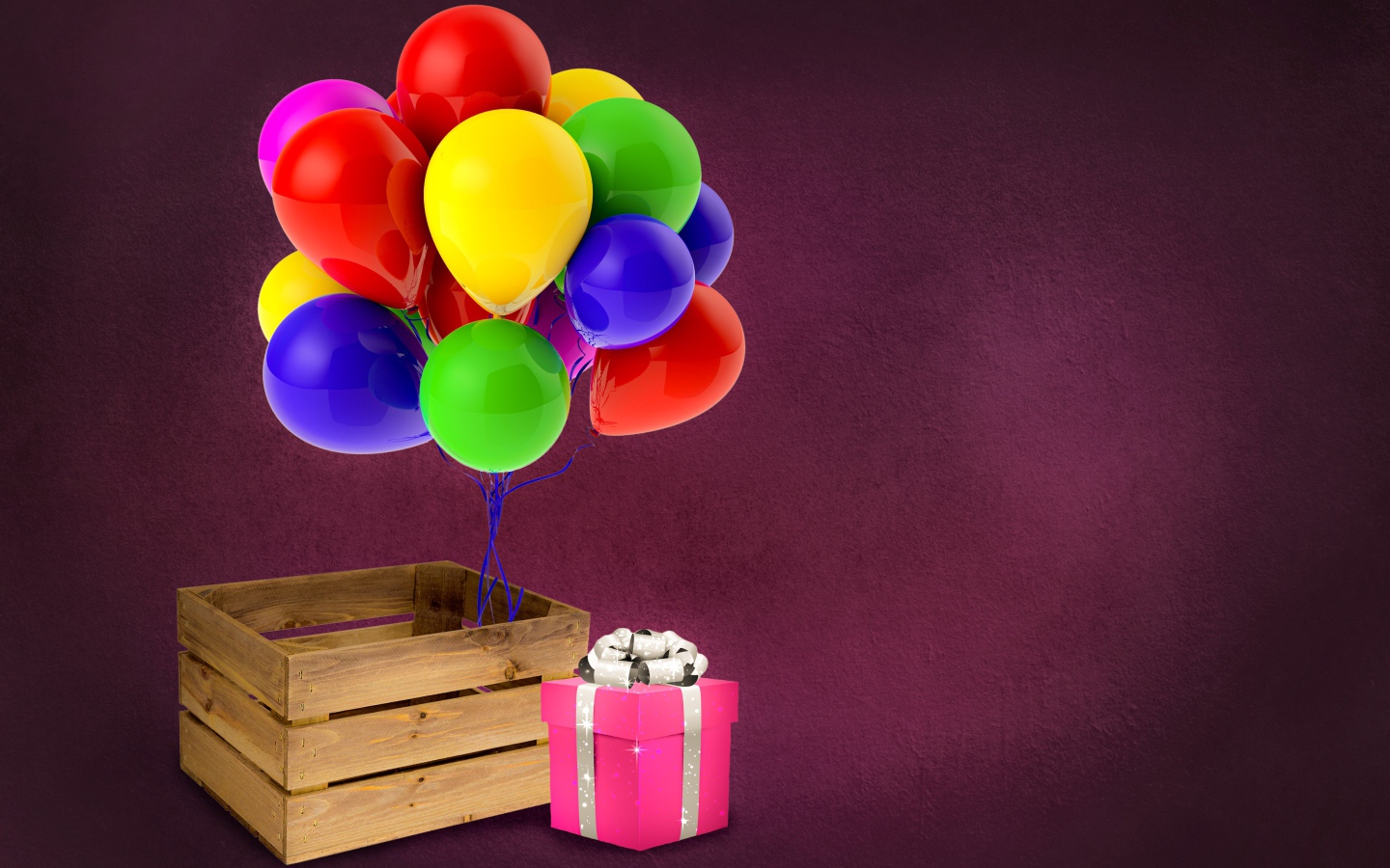 Деревянный ящик с подарком и шариками 