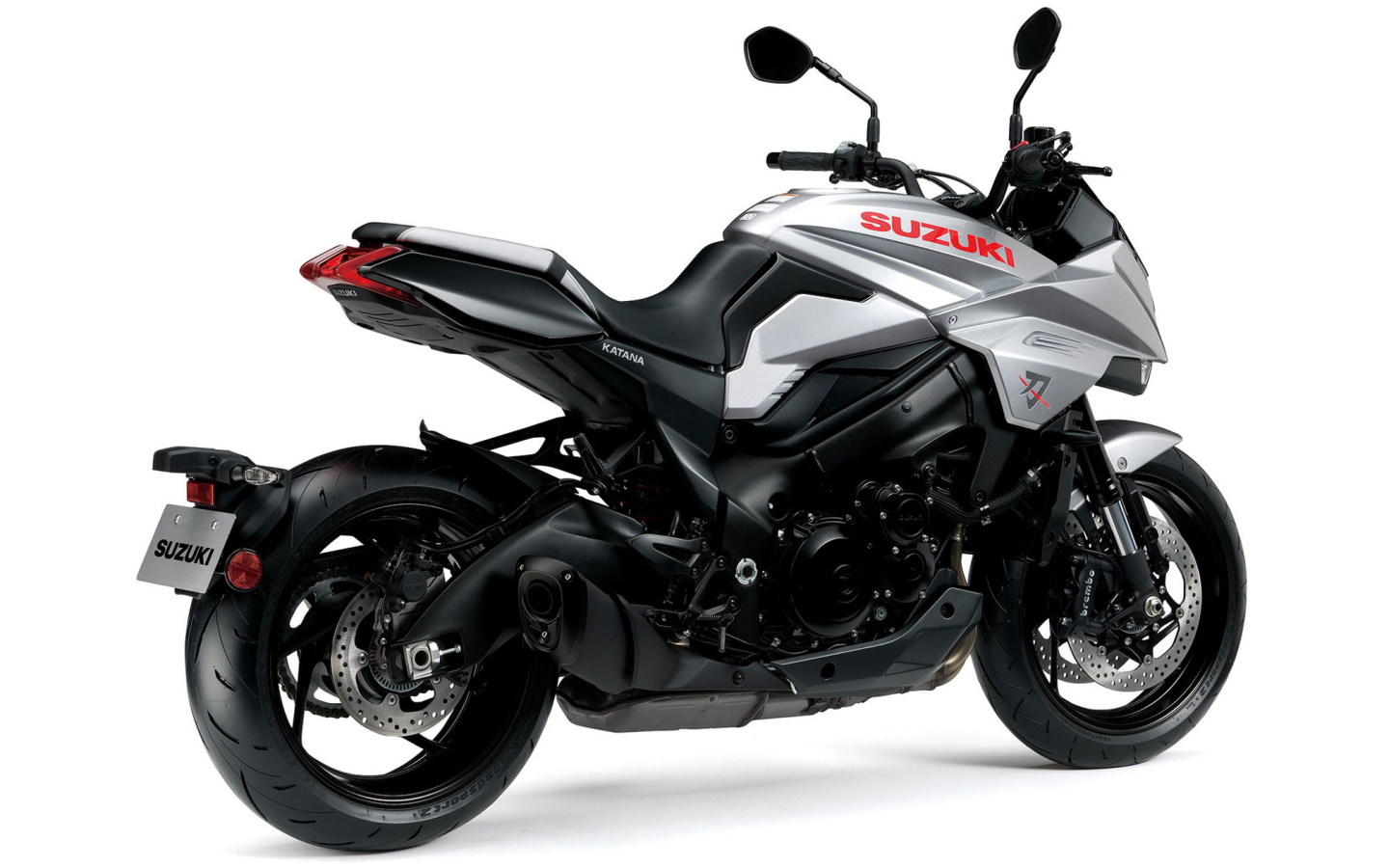 Stylish expensive motorcycle Suzuki Katana, 2021 on a white background