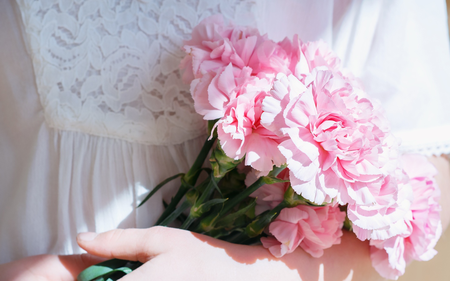 Букет розовых цветов гвоздики в руках у невесты