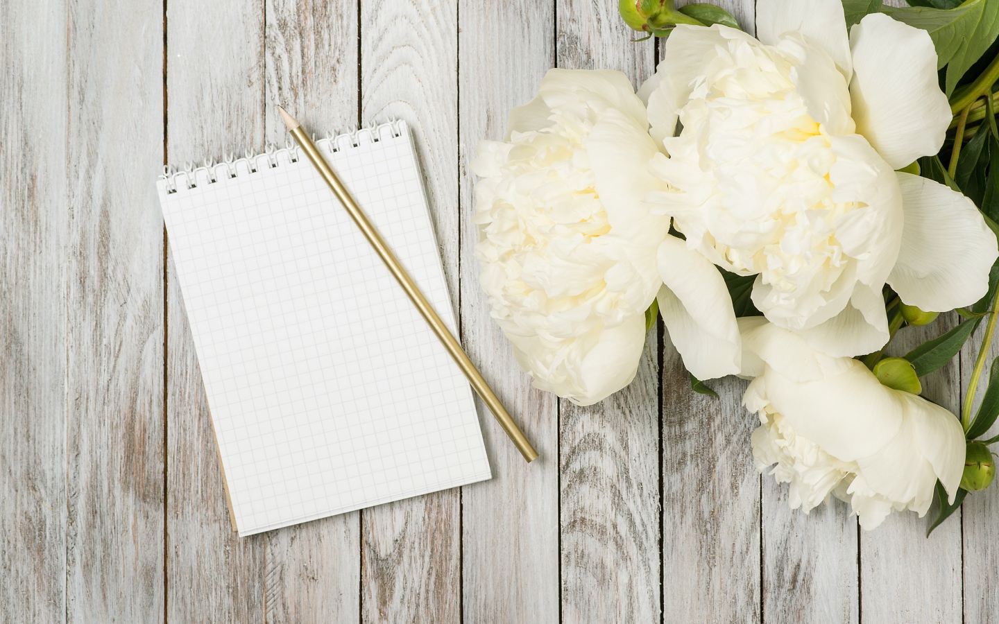 Букет белых пионов с блокнотом и ручкой на деревянном фоне 