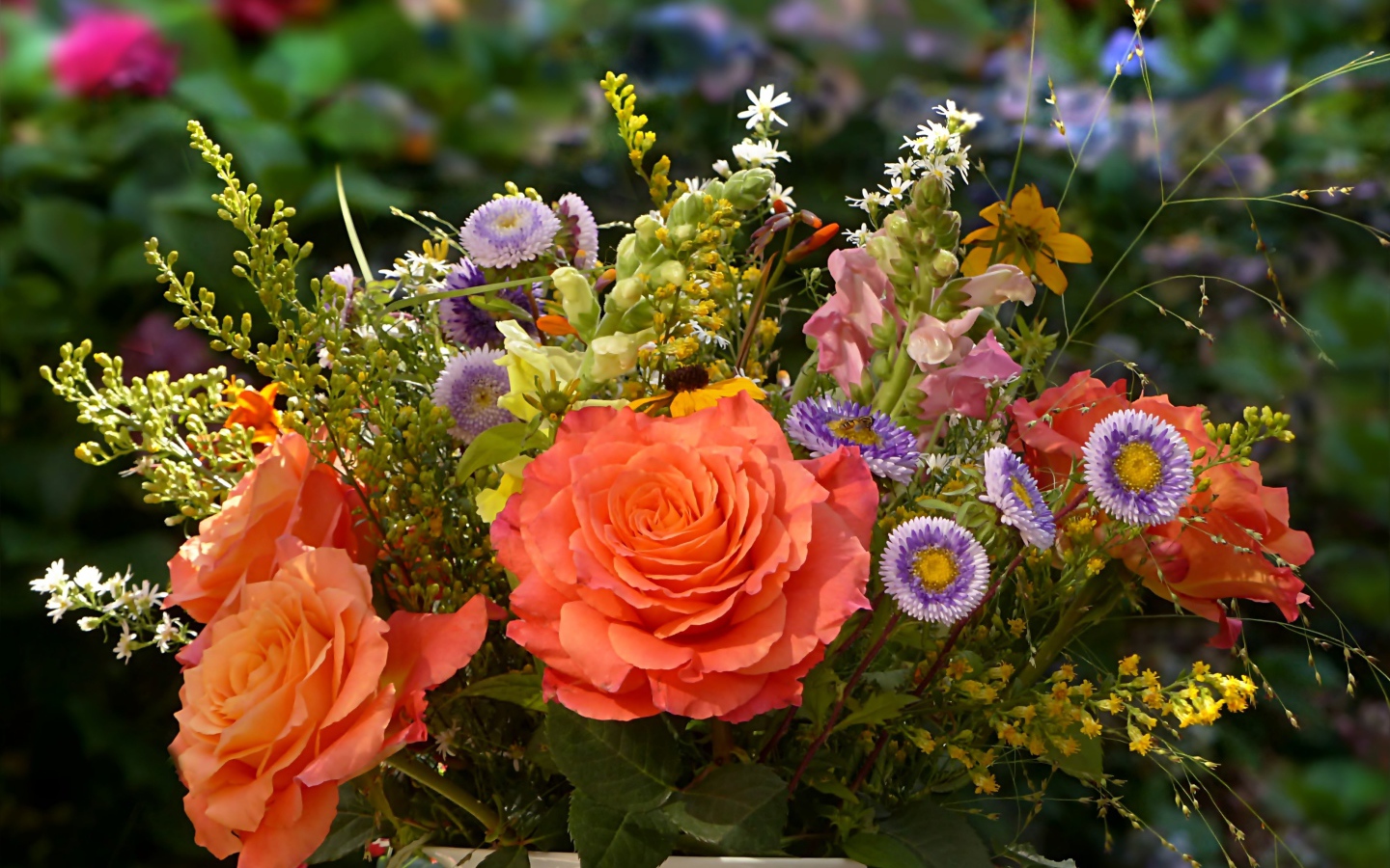 Букет полевых цветов с розами крупным планом