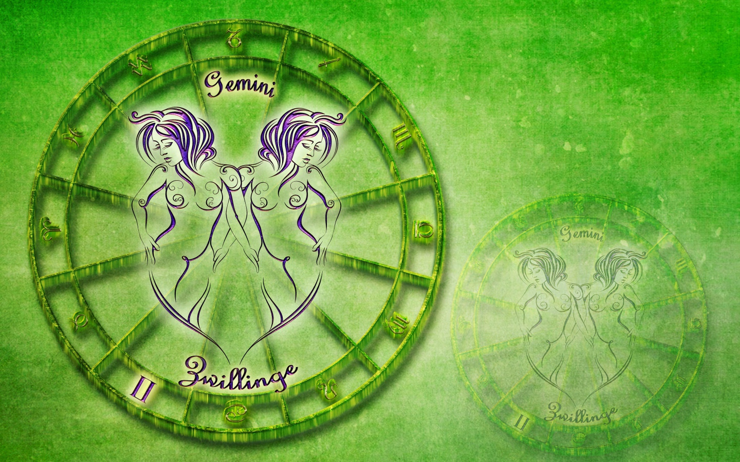 Знак зодиака близнецы на зеленом фоне