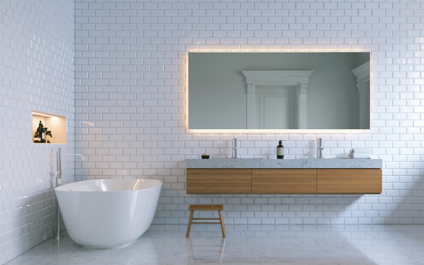 Ванная комната с белыми кирпичными стенами