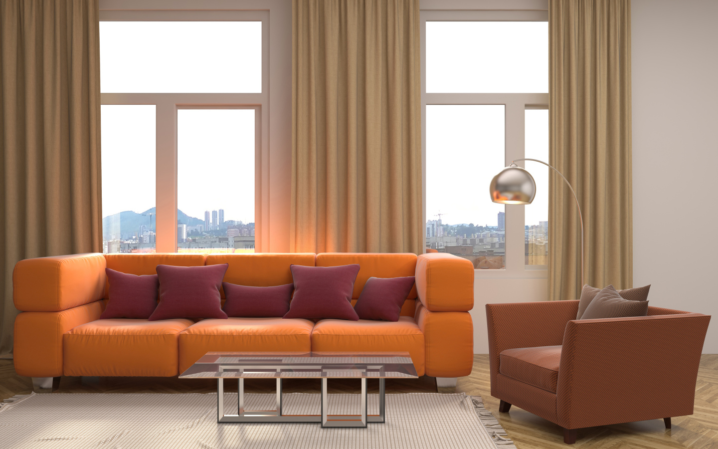 Большой оранжевый диван с подушками у окна 