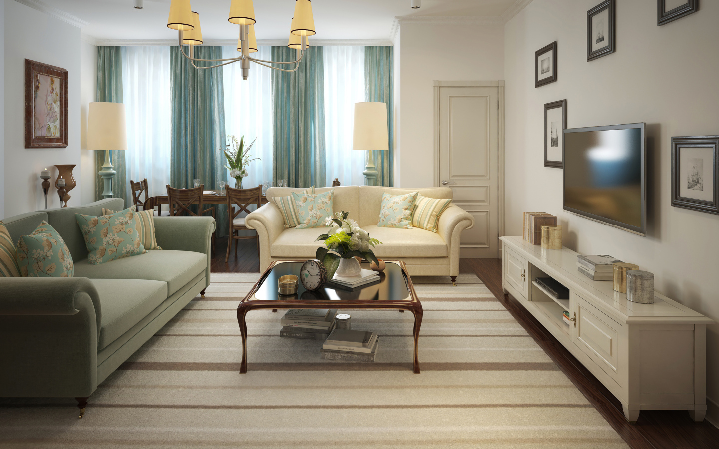 Гостиная комната с голубыми шторами на окне