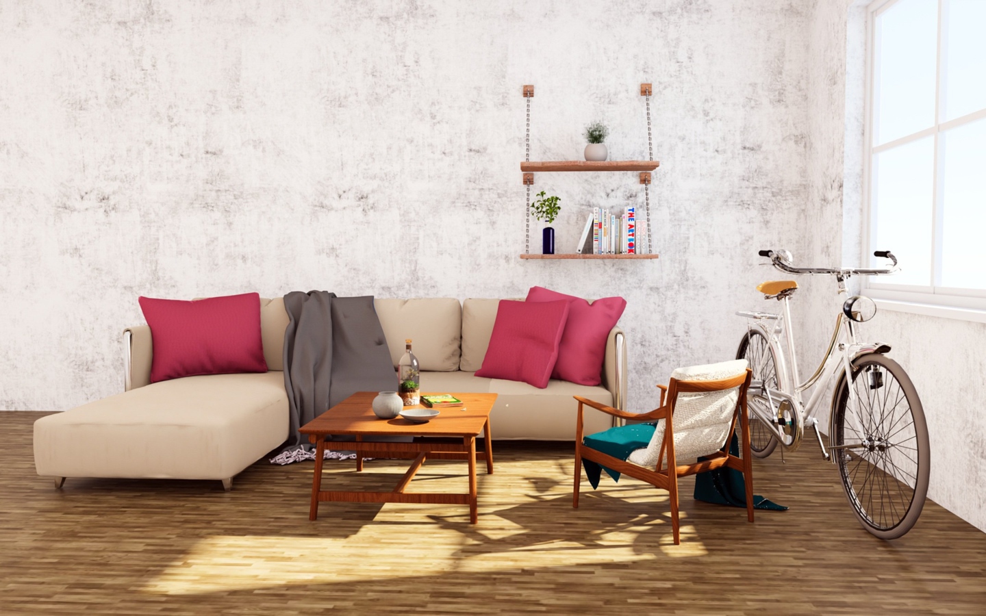 Диван и велосипед стоят в комнате