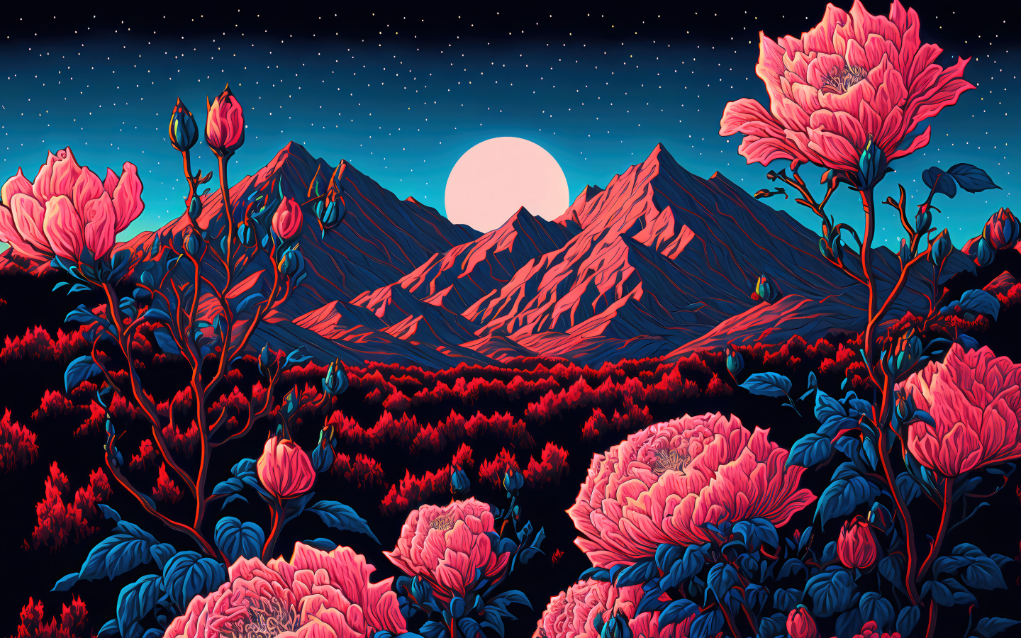 Красивые красные 3д цветы на фоне гор