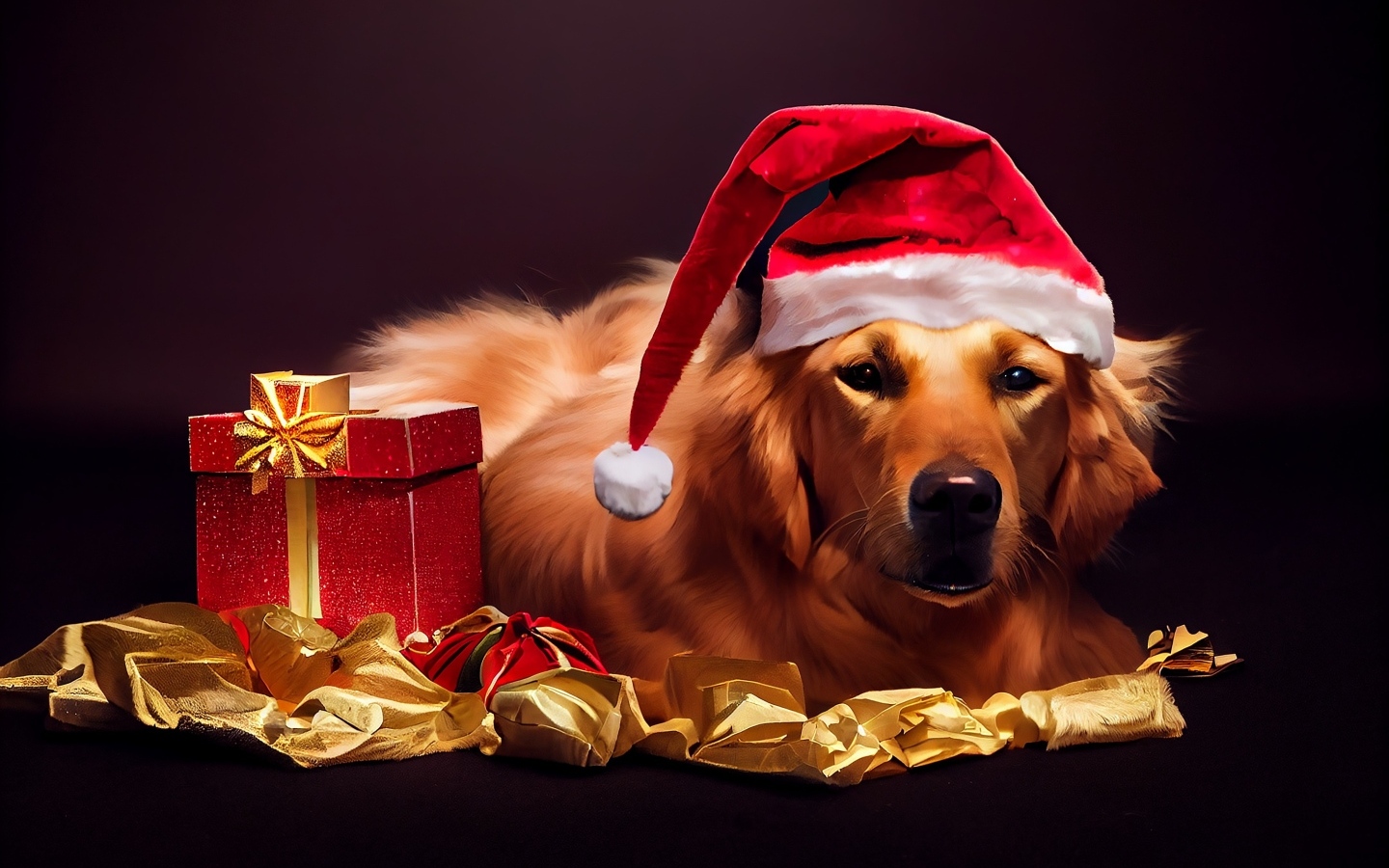 Золотистый ретривер в новогодней шапке с подарком