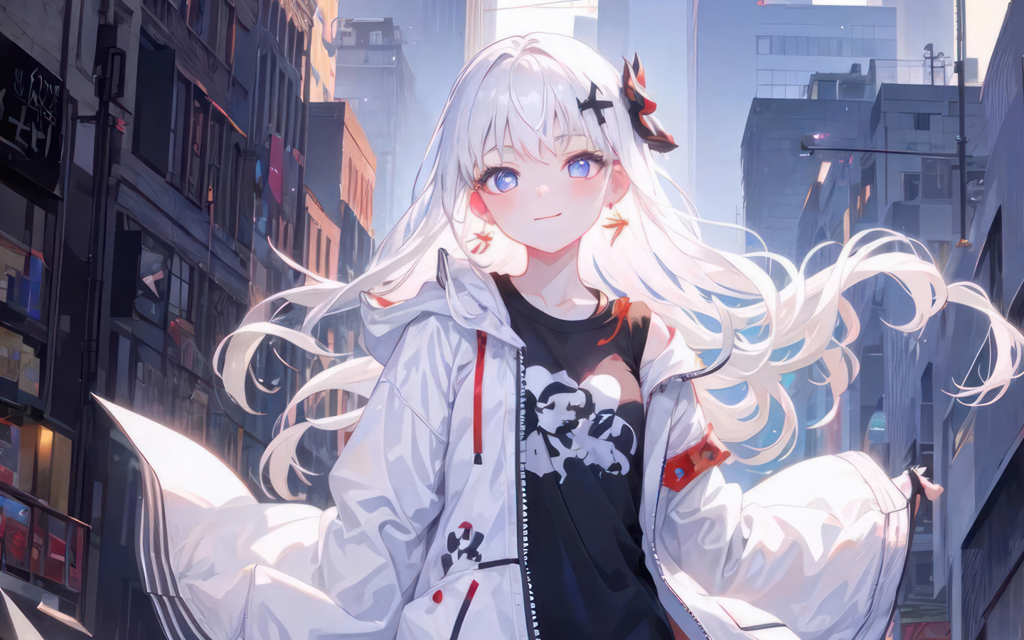 Девушка аниме с белыми волосами в городе