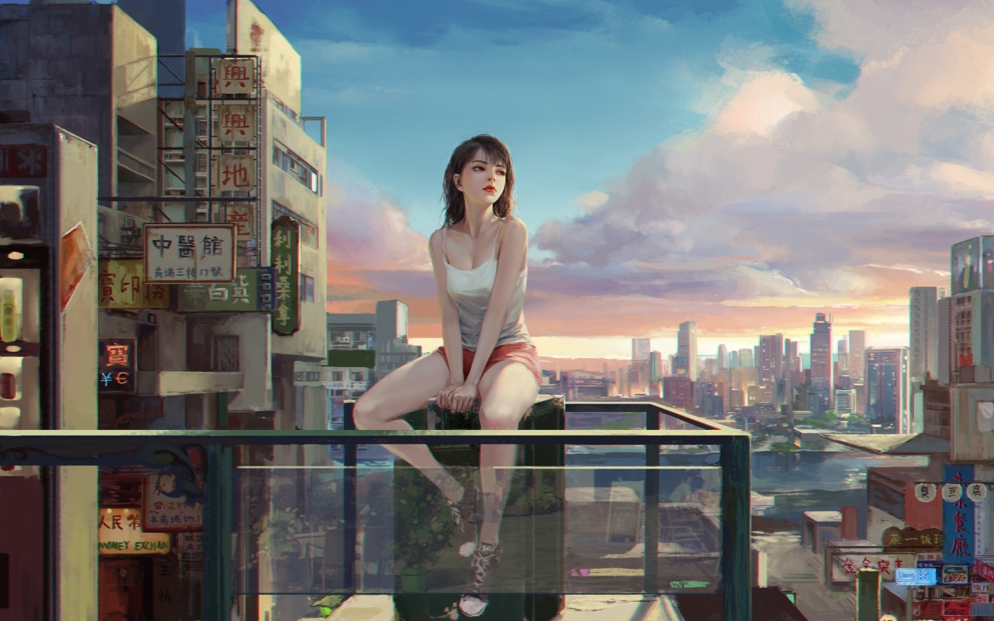 Грустная девушка аниме сидит на балконе