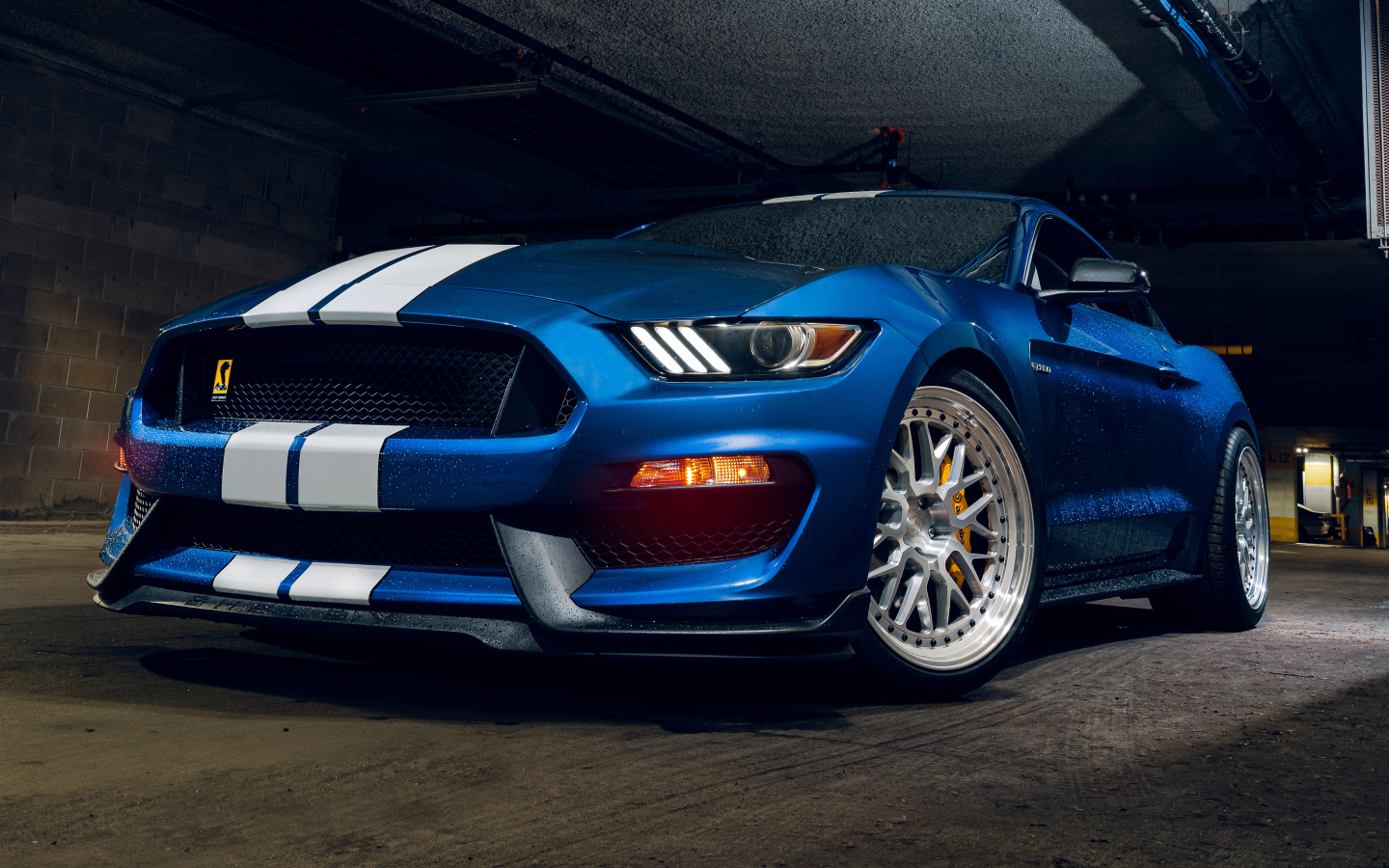 Мокрый синий автомобиль форд мустанг Shelby GT350