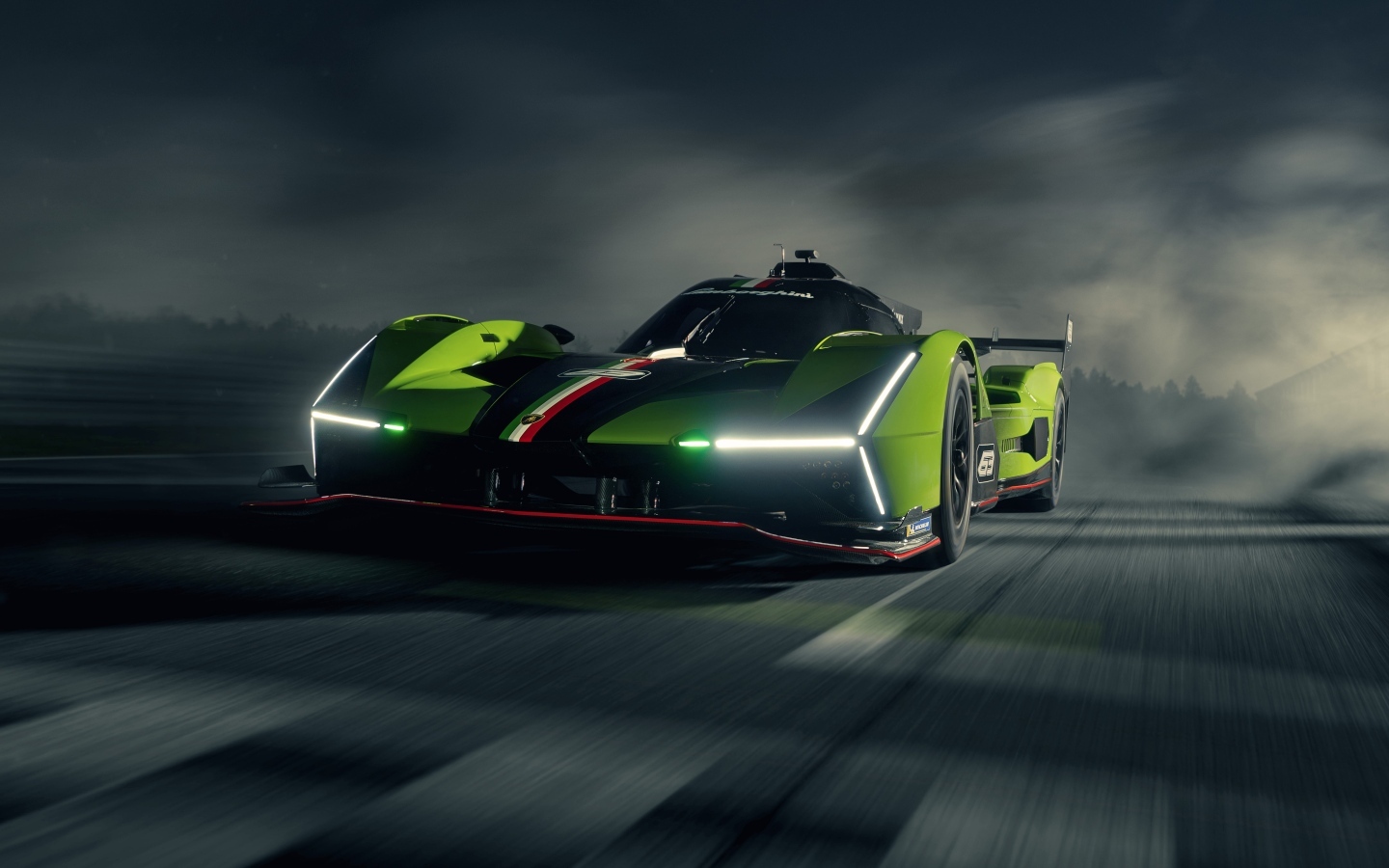 Включенные фары автомобиля Lamborghini SC63 2023 года