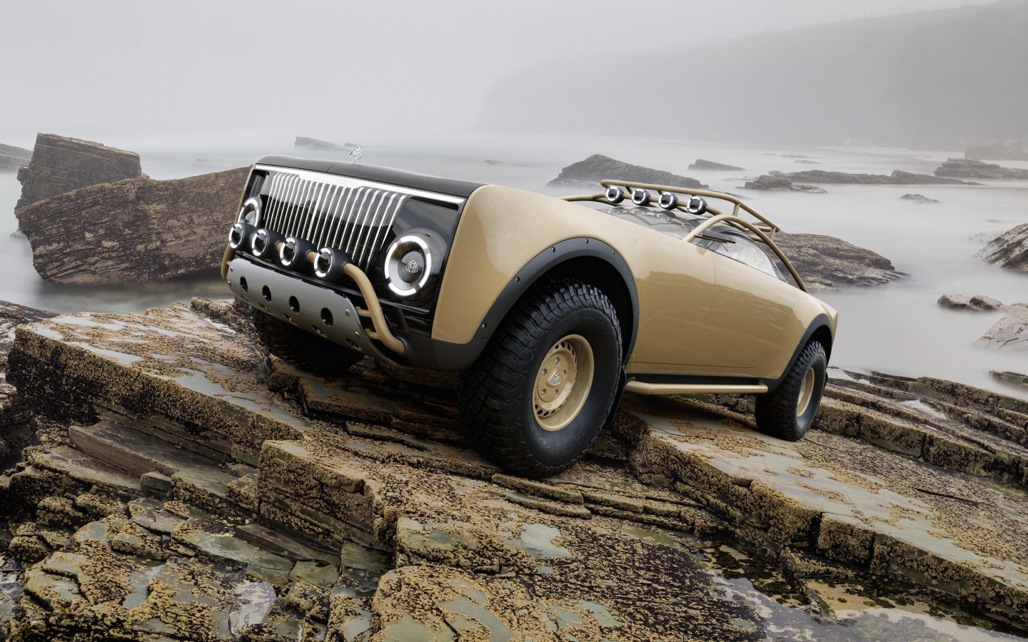 Автомобиль Maybach With Virgil Abloh стоит на камнях