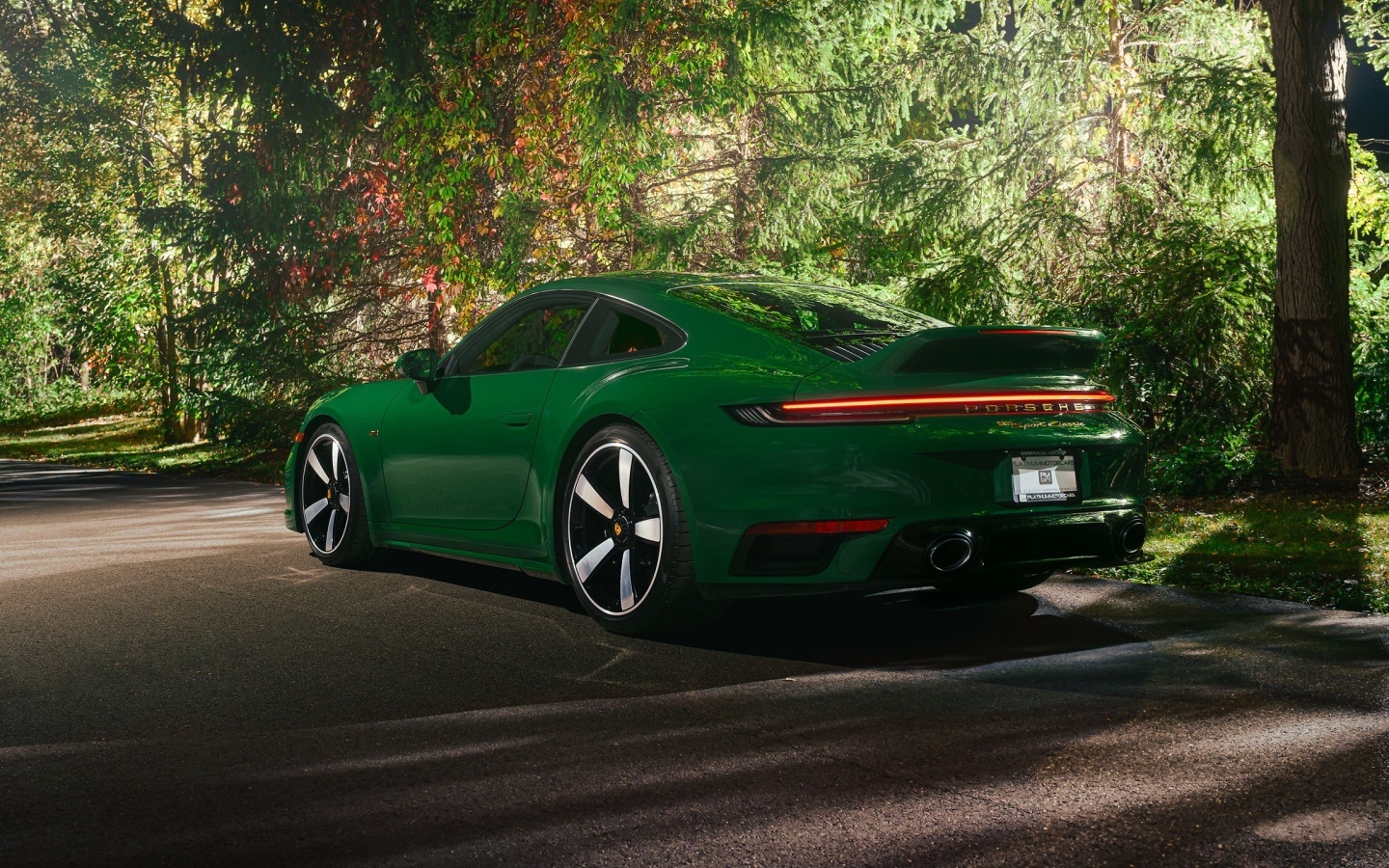 Вид сзади на зеленый автомобиль Porsche 911 Sport Classic 2023 года