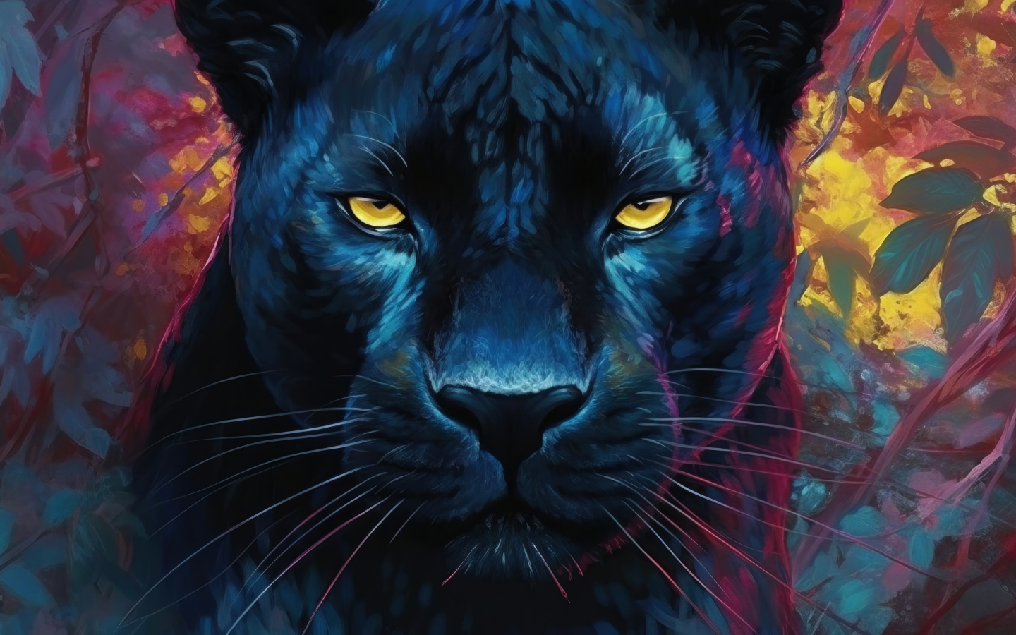 Нарисованная черная пантера в зарослях