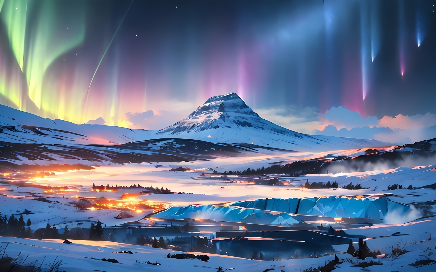 Нарисованная гора с полярным сиянием