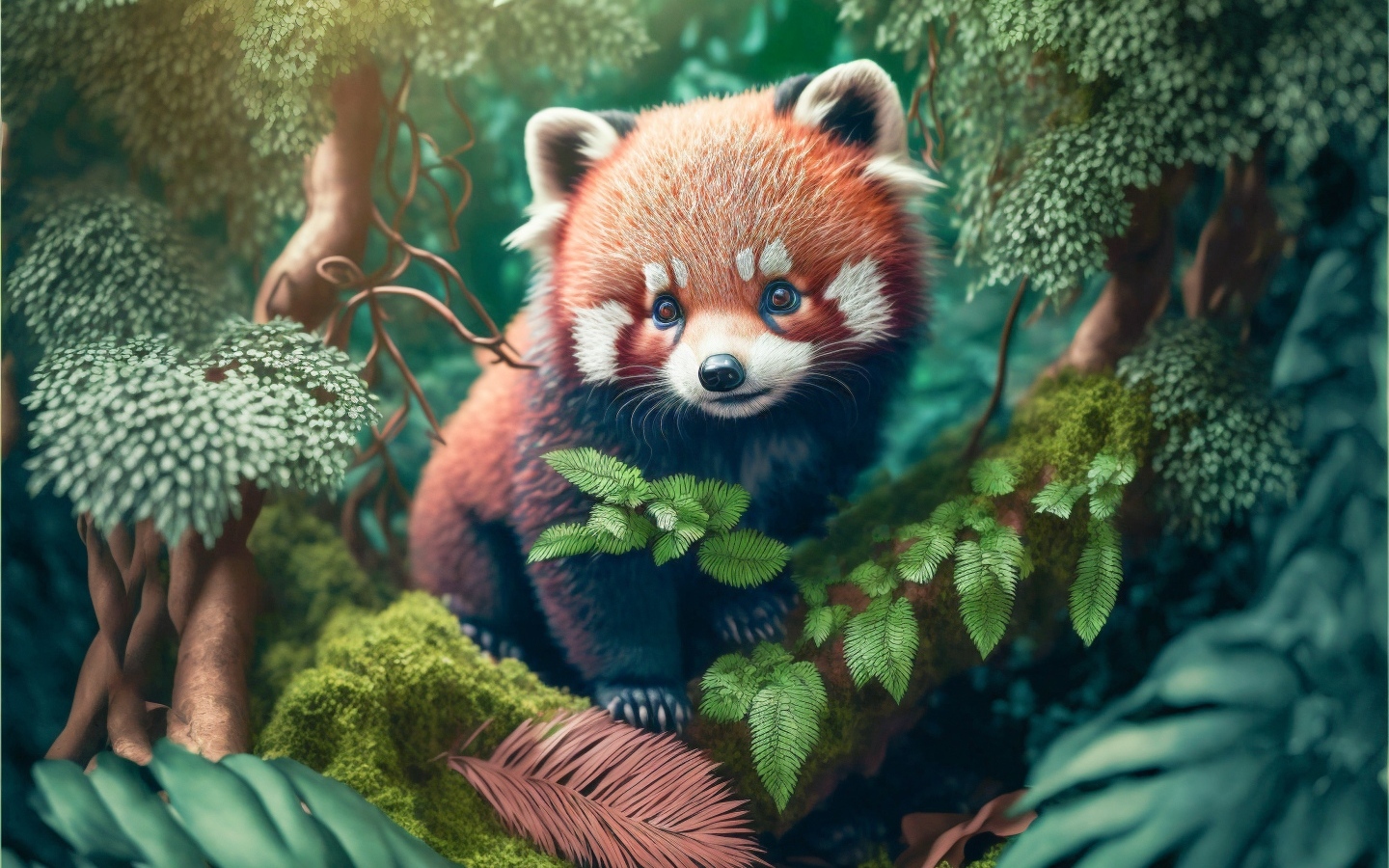 Нарисованная красная панда на ветке дерева