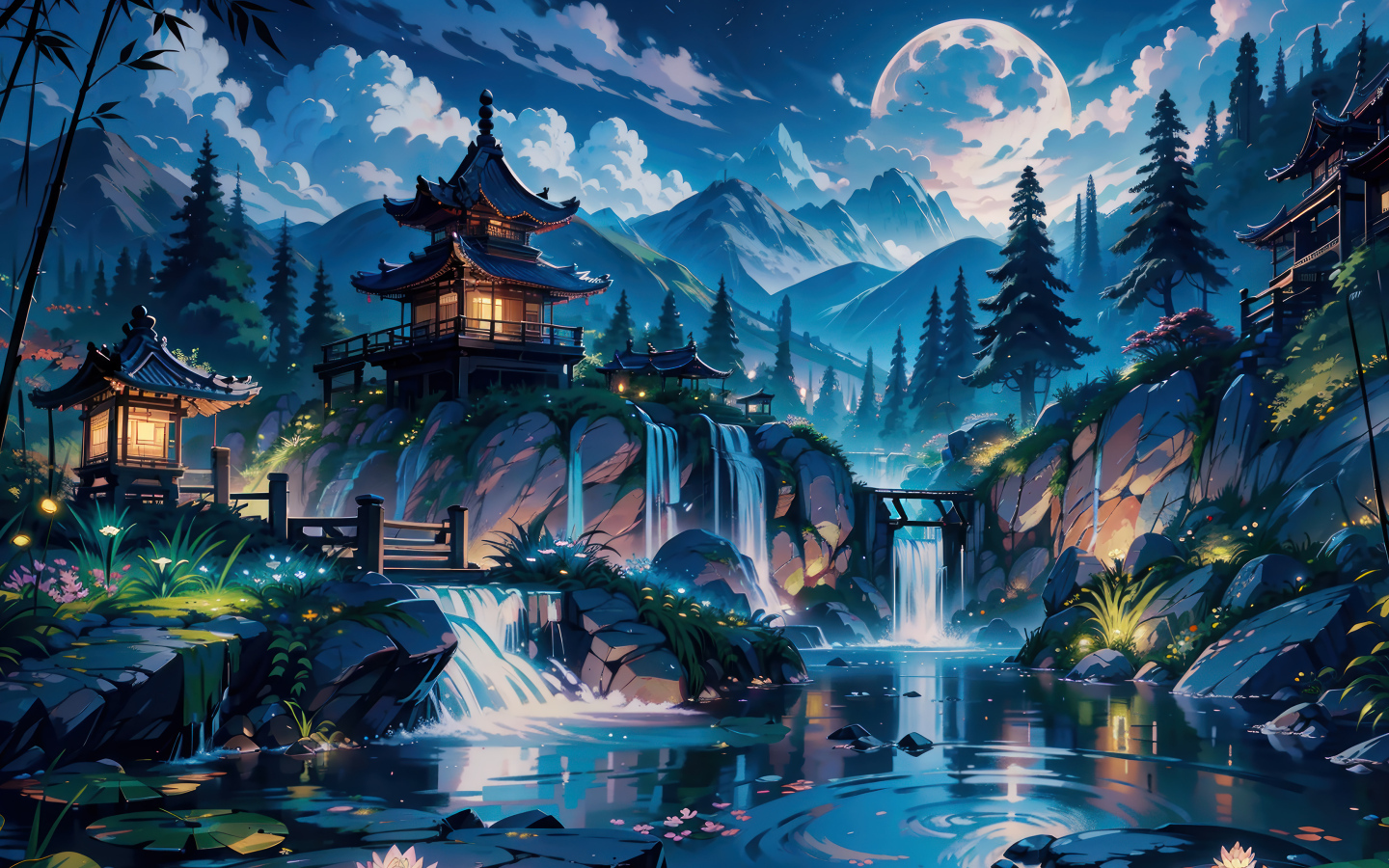 Красивый нарисованный китайский храм у пруда в горах