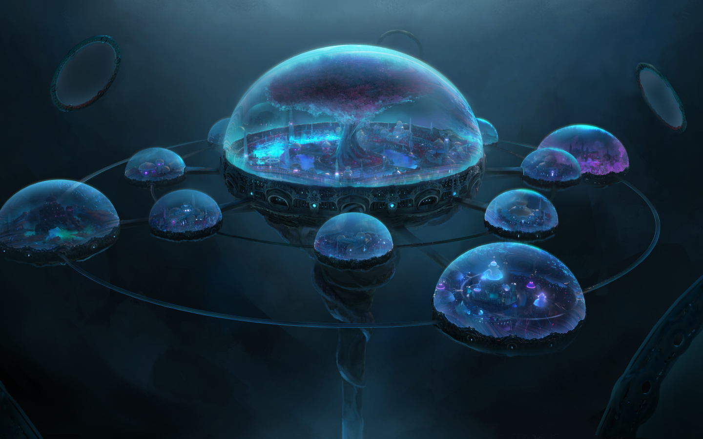 Фантастические города в неоновых сферах