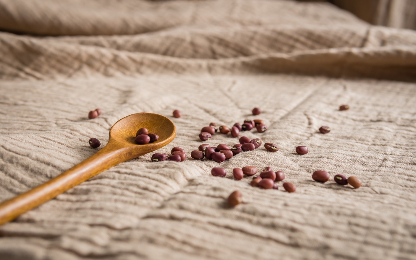 Деревянная ложка на скатерти с фасолью 