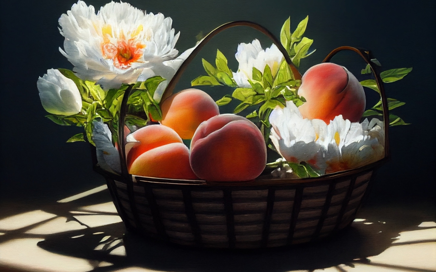 Спелые сладкие персики в корзине с цветами