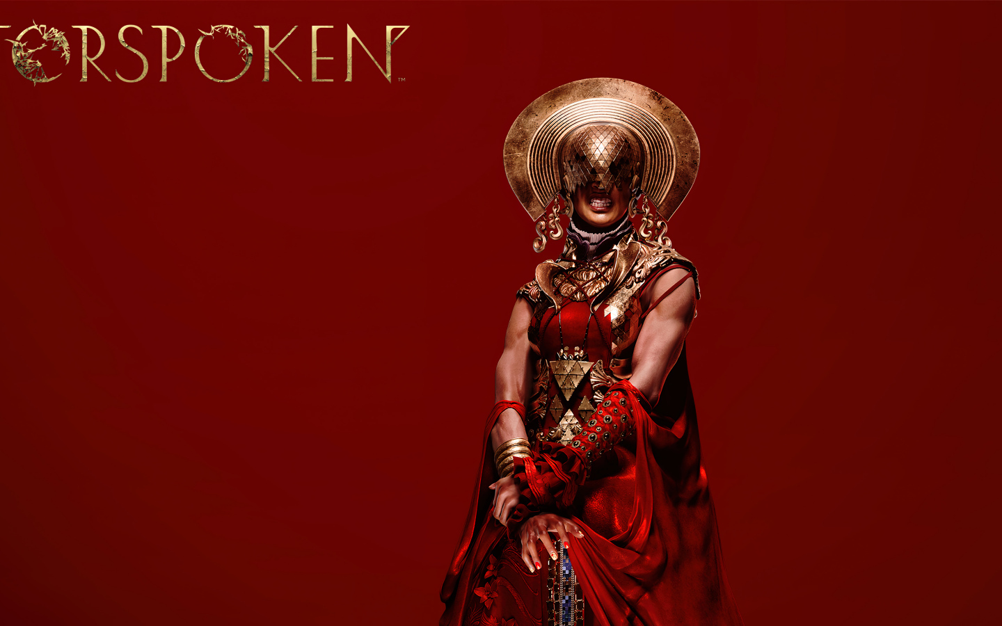 Персонаж компьютерной игры Forspoken на красном фоне