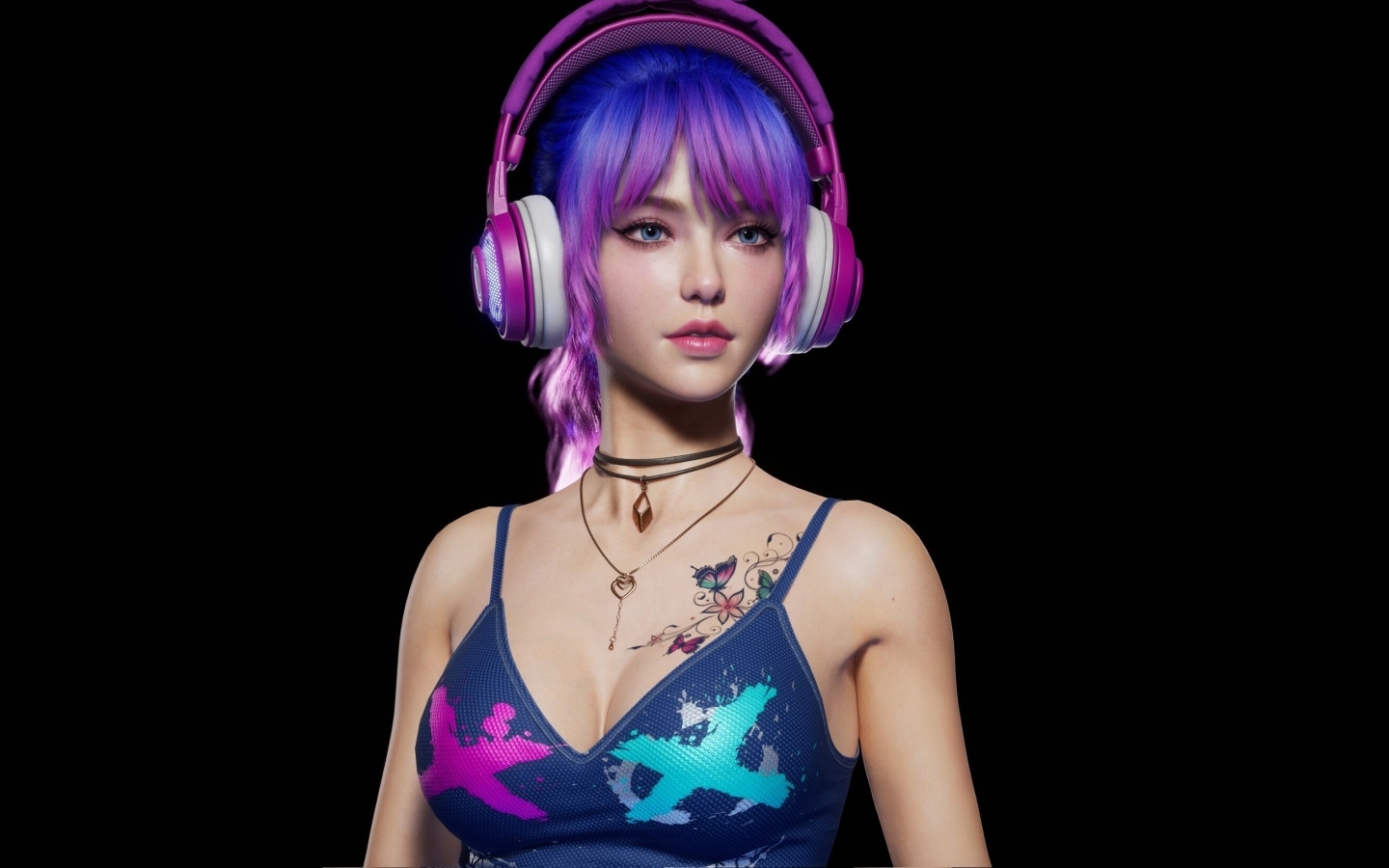 Девушка 3д с наушниками на голове на черном фоне