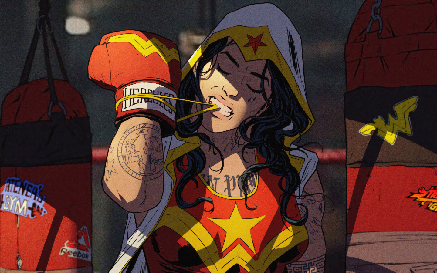 Девушка супергерой в боксерских перчатках