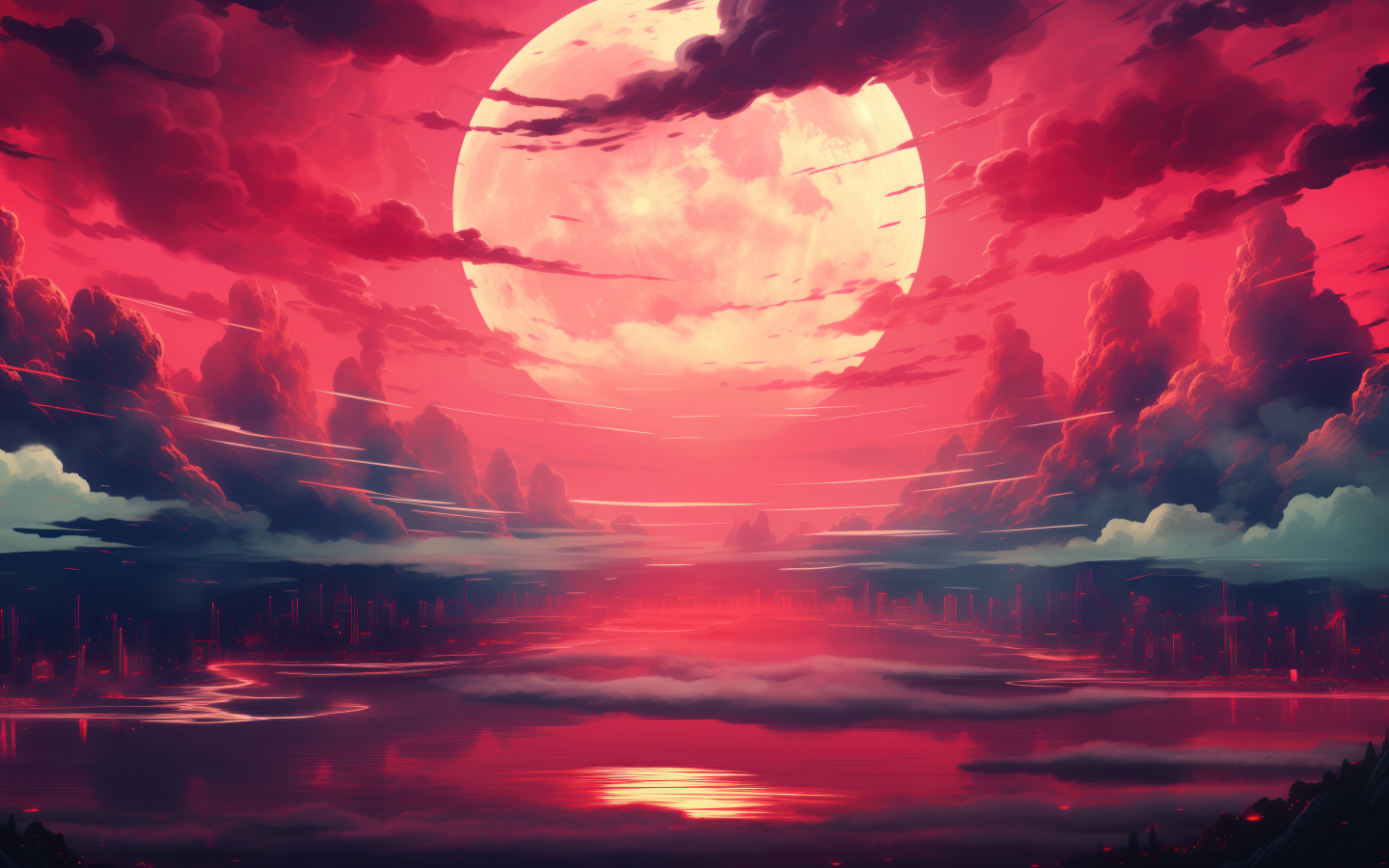 Большая белая луна в красном небе