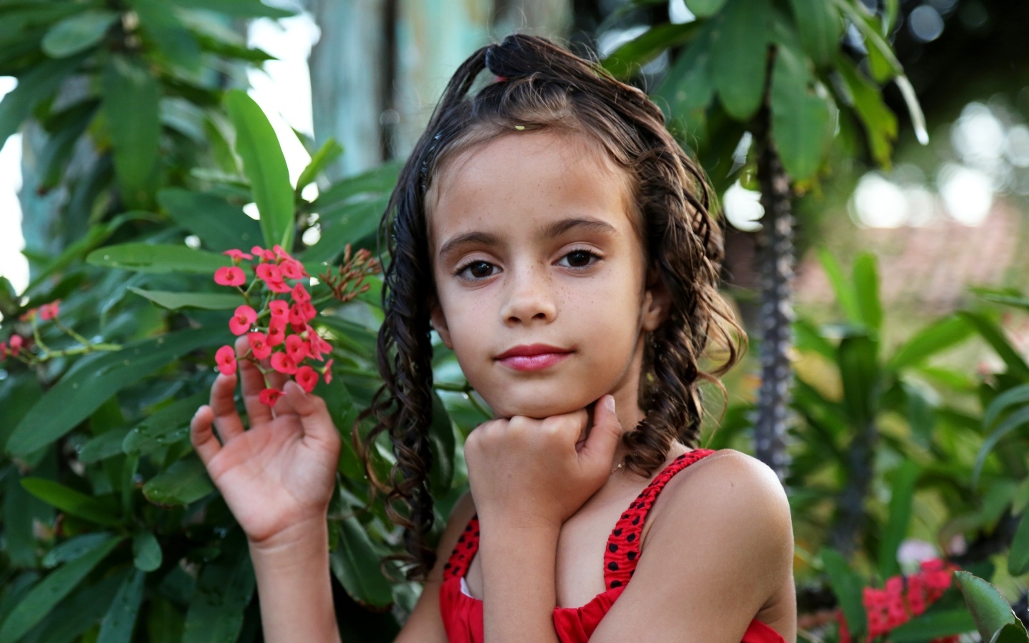 Девочка стоит у ветки с красными цветами