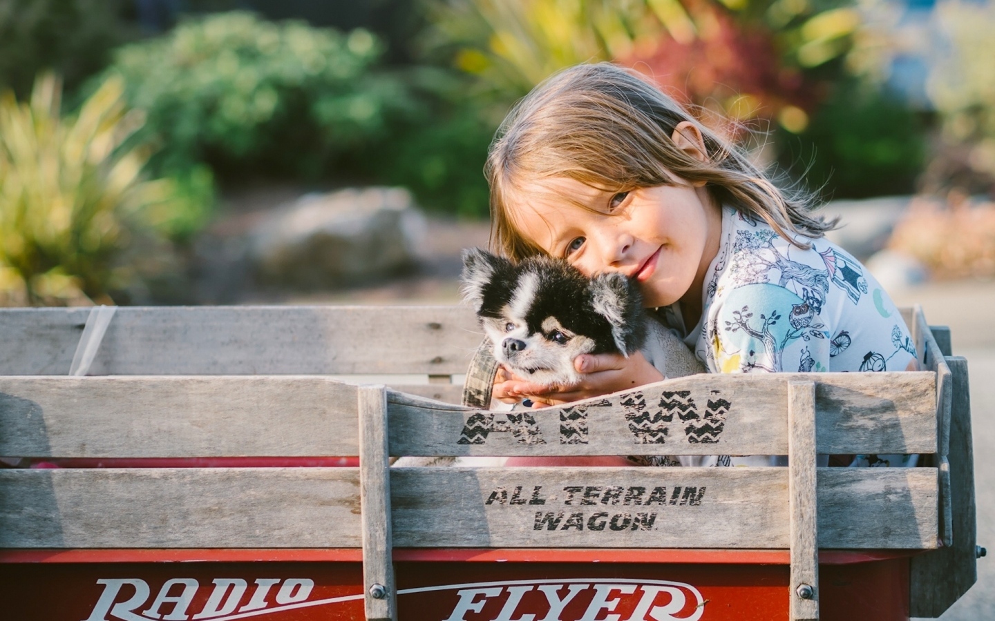 Маленькая девочка со щенком в тележке