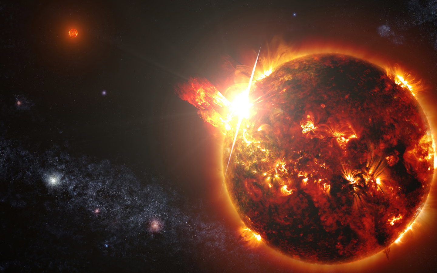 Вспышки на яркой огненной планете в космосе