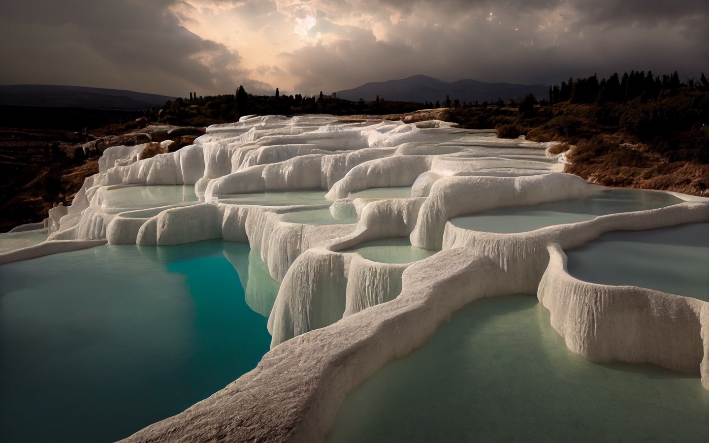 Красивый курорт Памуккале под грозовым небом Турция