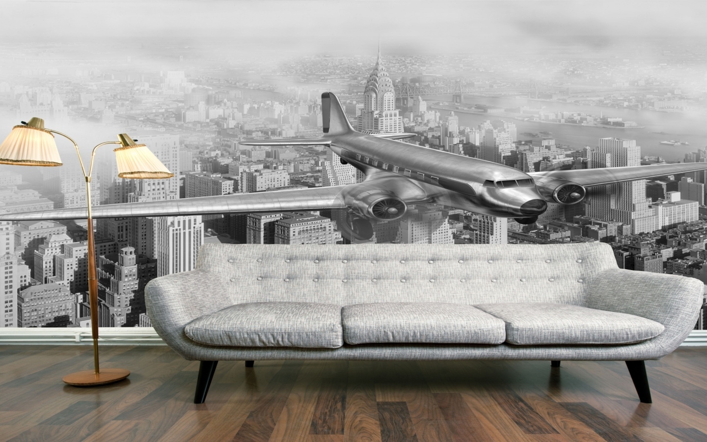 Диван в комнате с фотообоями