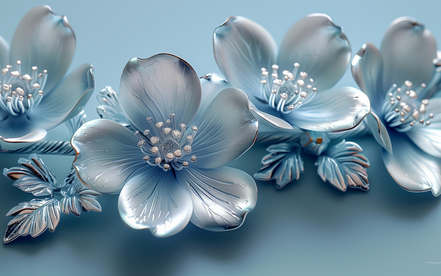 Красивые серебряные 3д цветы на голубом фоне