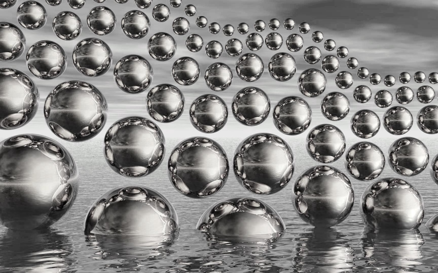 Много стеклянных 3д шаров в полете на сером фоне