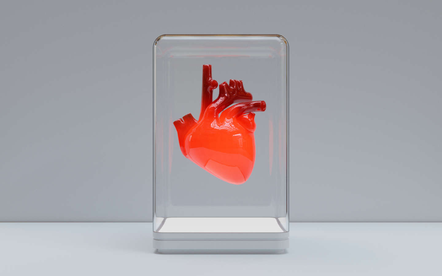 Красное 3д сердце в стеклянной колбе на сером фоне