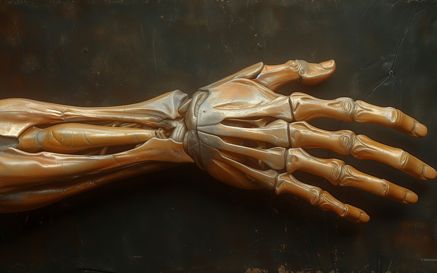 Рука скелета на серой поверхности 3д графика