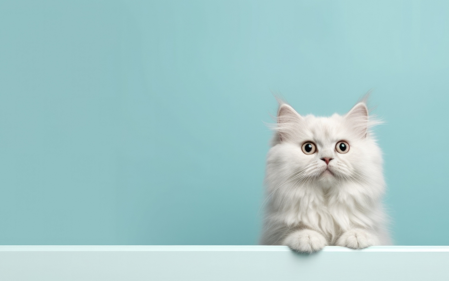 Пушистый белый породистый кот на голубом фоне