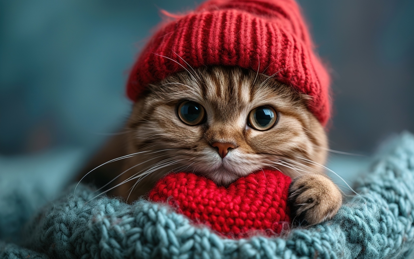 Рыжий кот в красной вязаной шапке с сердечком в лапах