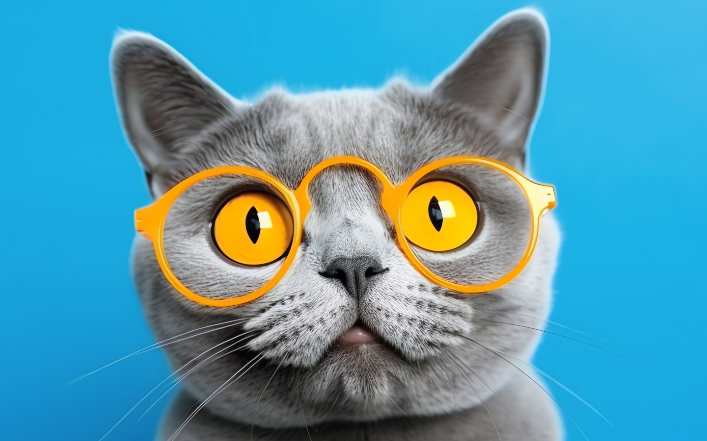 Серый кот в желтых очках на голубом фоне