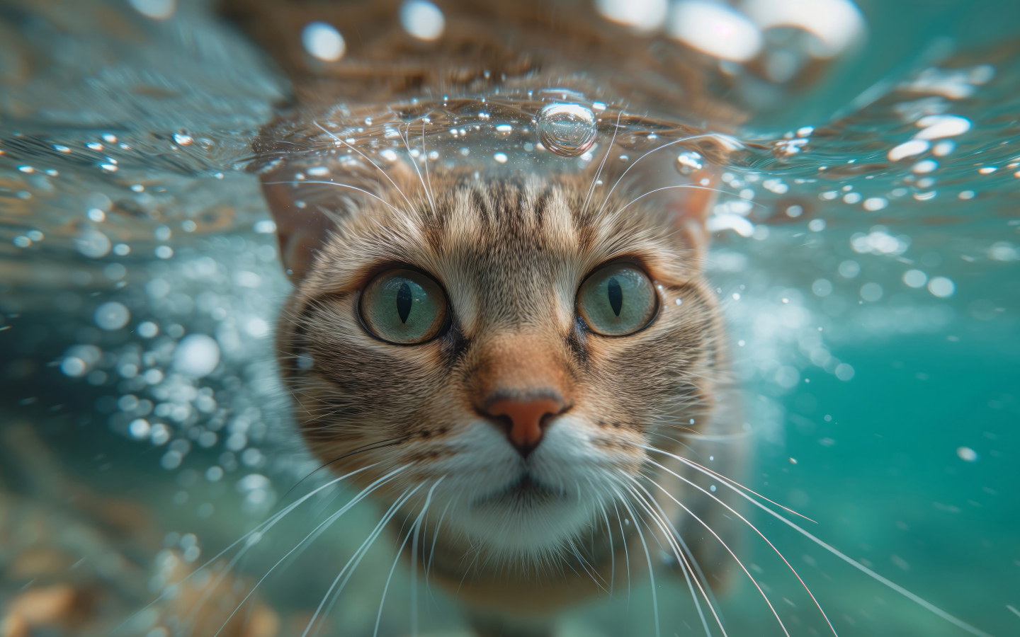 Зеленоглазый кот под водой