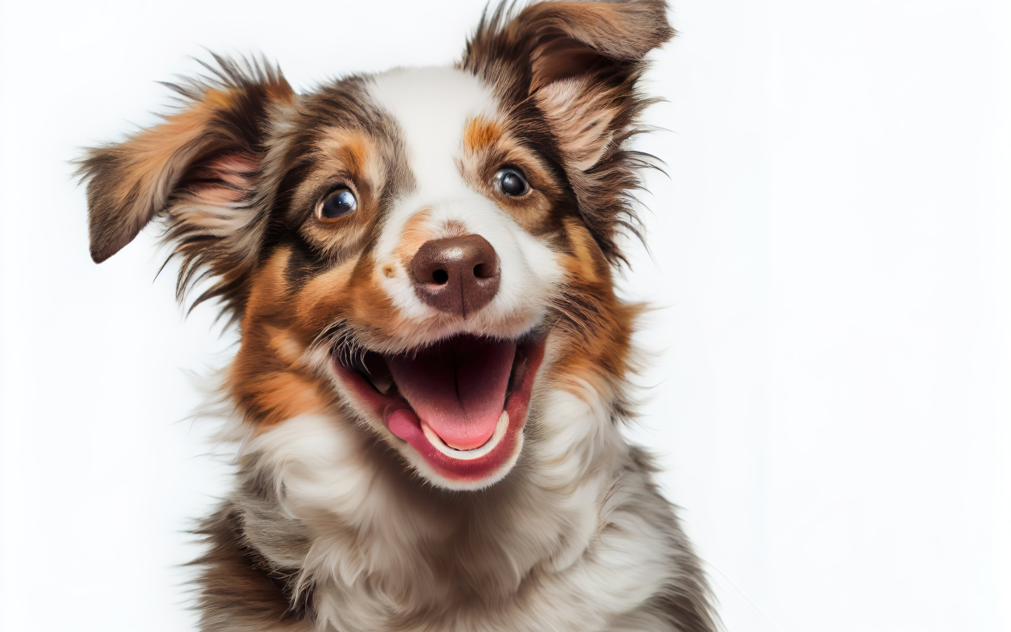 Веселый щенок с открытой пастью на белом фоне