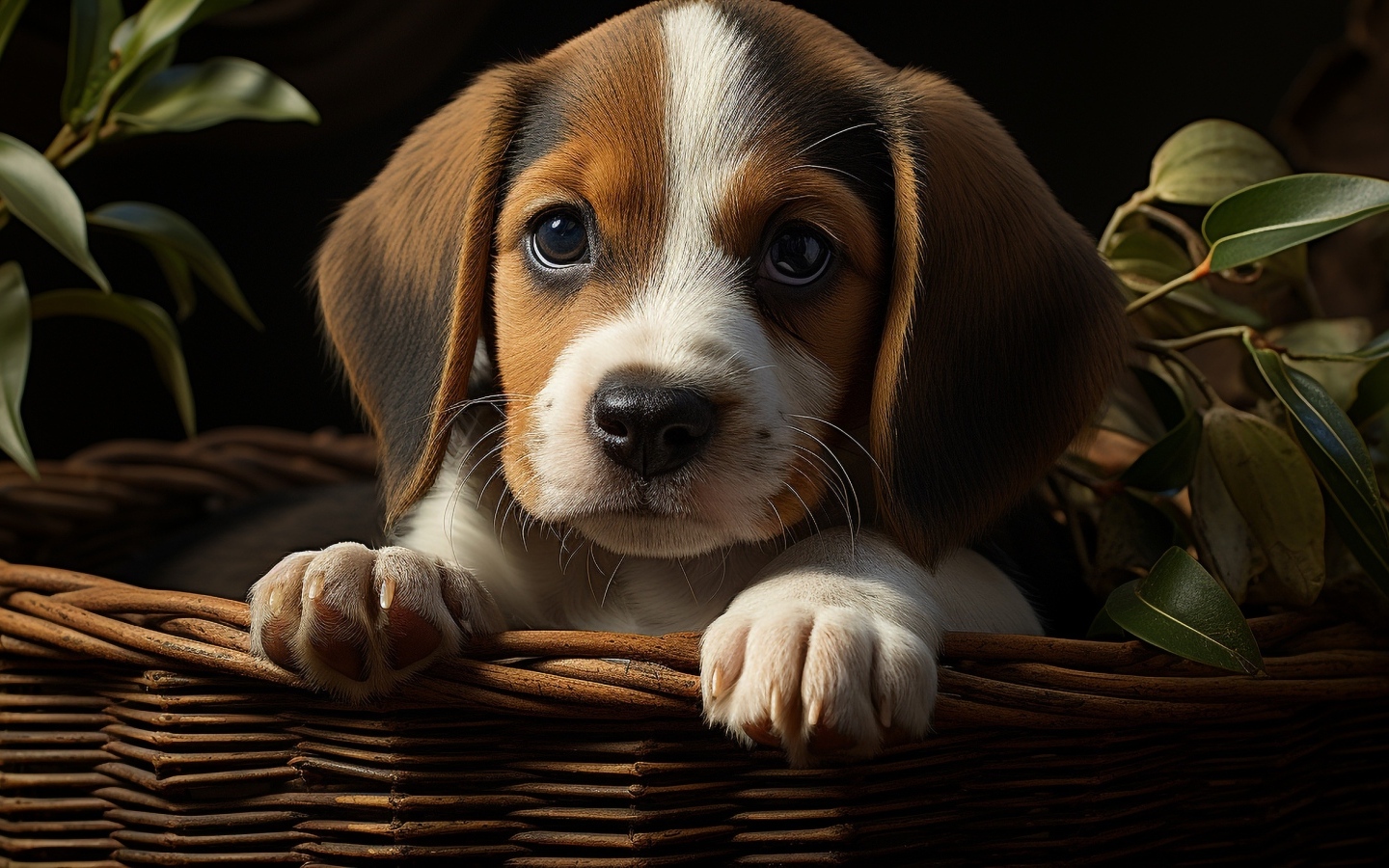 Маленький щенок в корзине с зелеными листьями