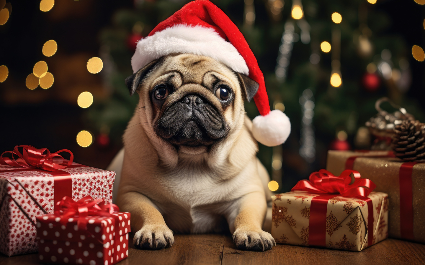 Мопс с подарками под новогодней елкой