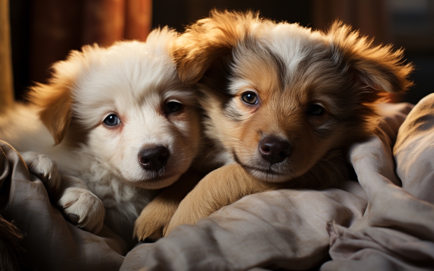 Два щенка швейцарской овчарки лежат на кровати