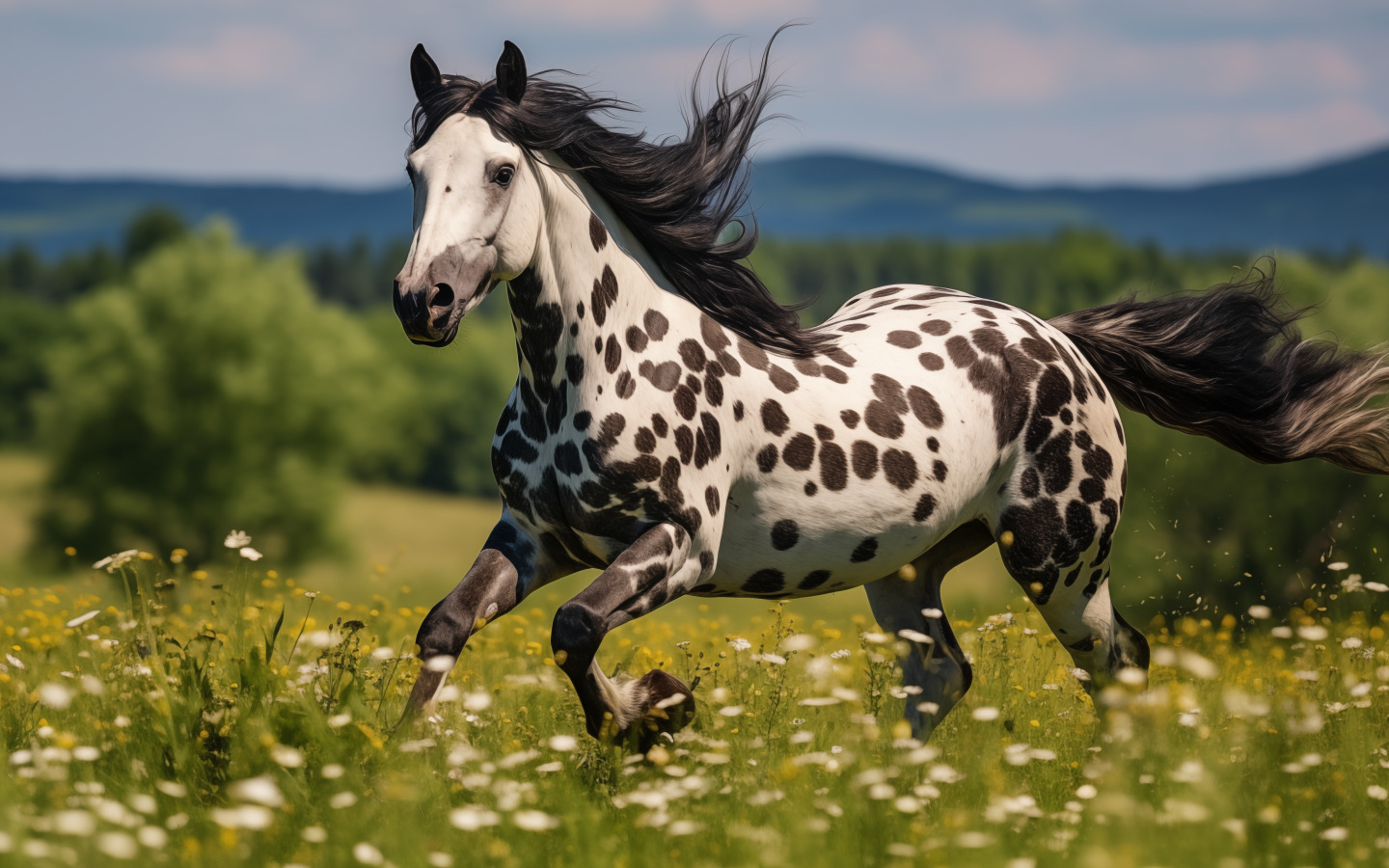Белая лошадь в черных пятнах на пастбище