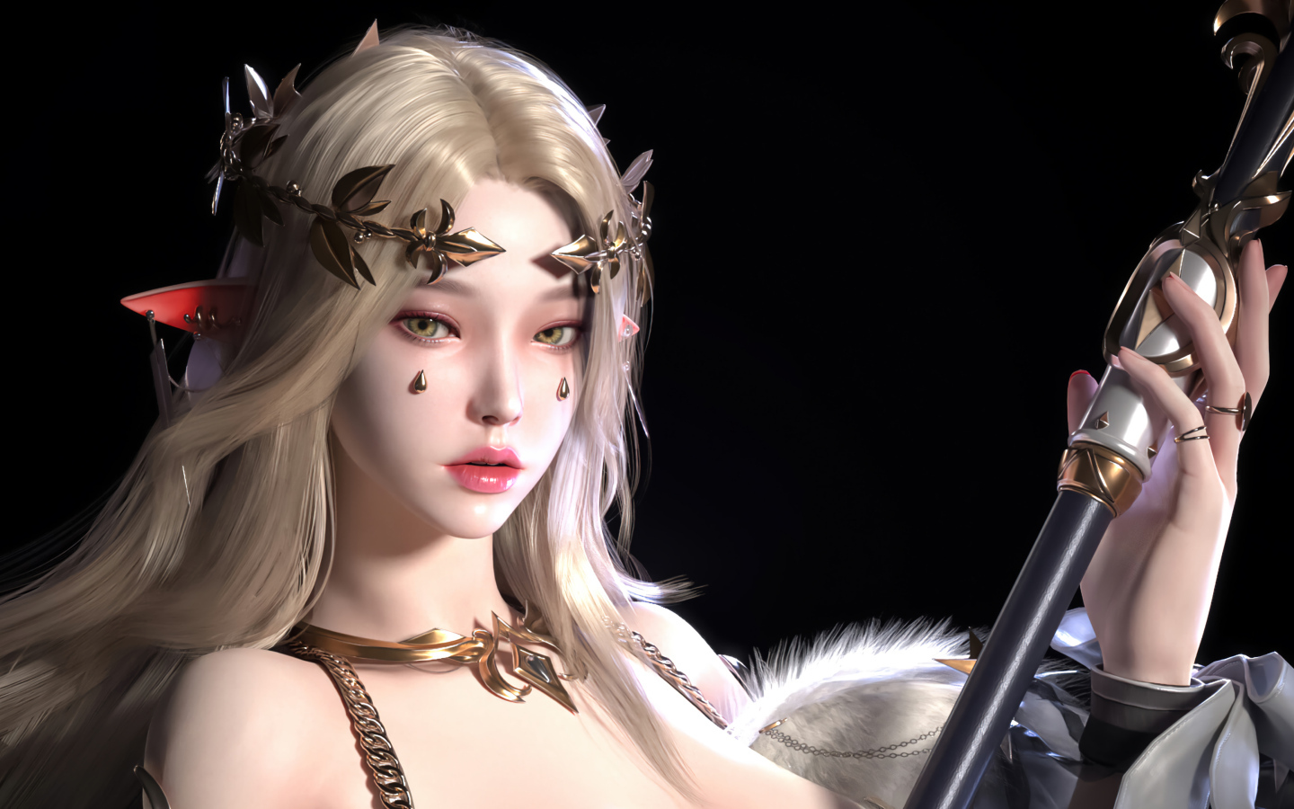 Девушка аниме эльф с украшениями на теле