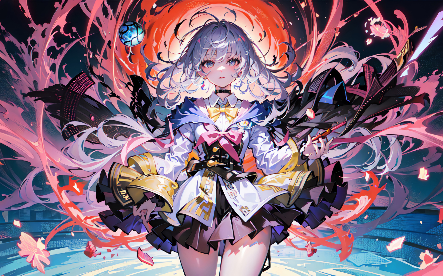 Девушка аниме в пышном платье у магического круга